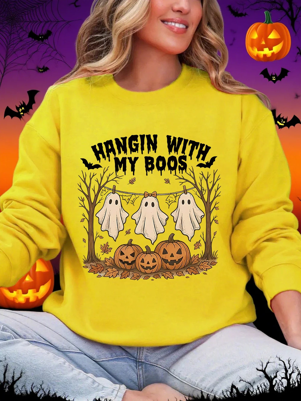 Halloween Sweatshirt Vrouwen Hangin With My Boos Gedrukt Hoodie Losse Fleece Warme Crewneck Trui Winter Casual Dameskleding