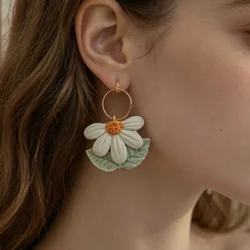 Spring Summer Leaf Sector Pendant Flower Dangle Earrings Brass Ring Multi-Color Polymer Clay Unique Party Jewelry Vacation