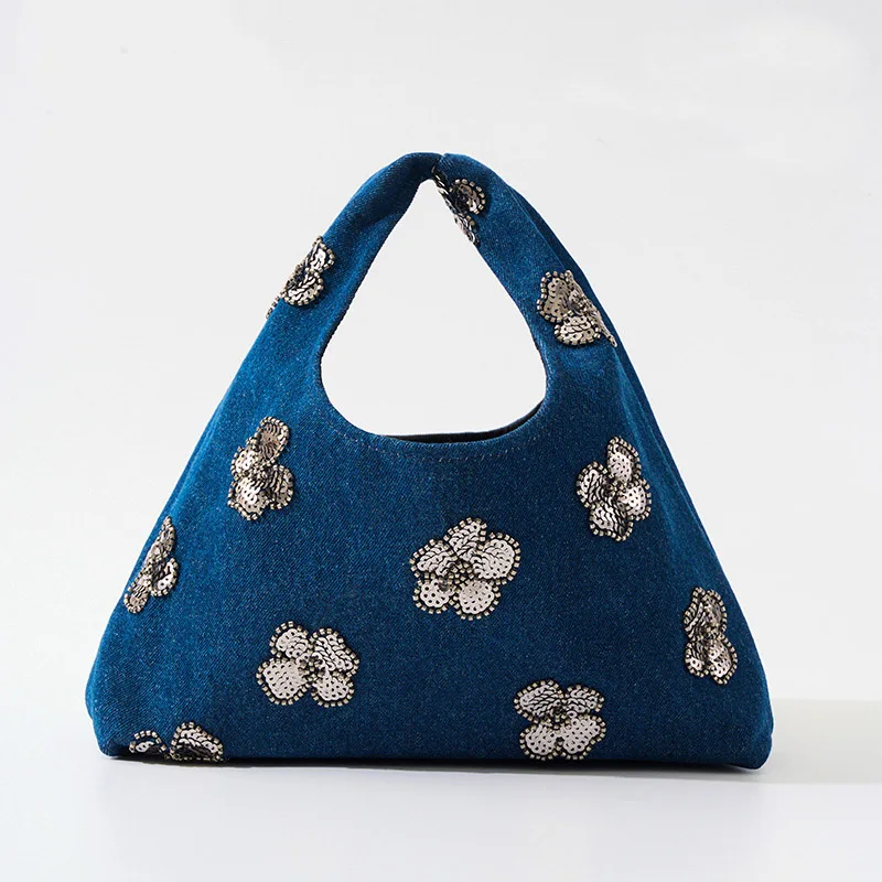 

Fashionable and creative Star Dream shiny flowers punk denim hand shoulder bag retro exquisite flower glitter women's soft walle