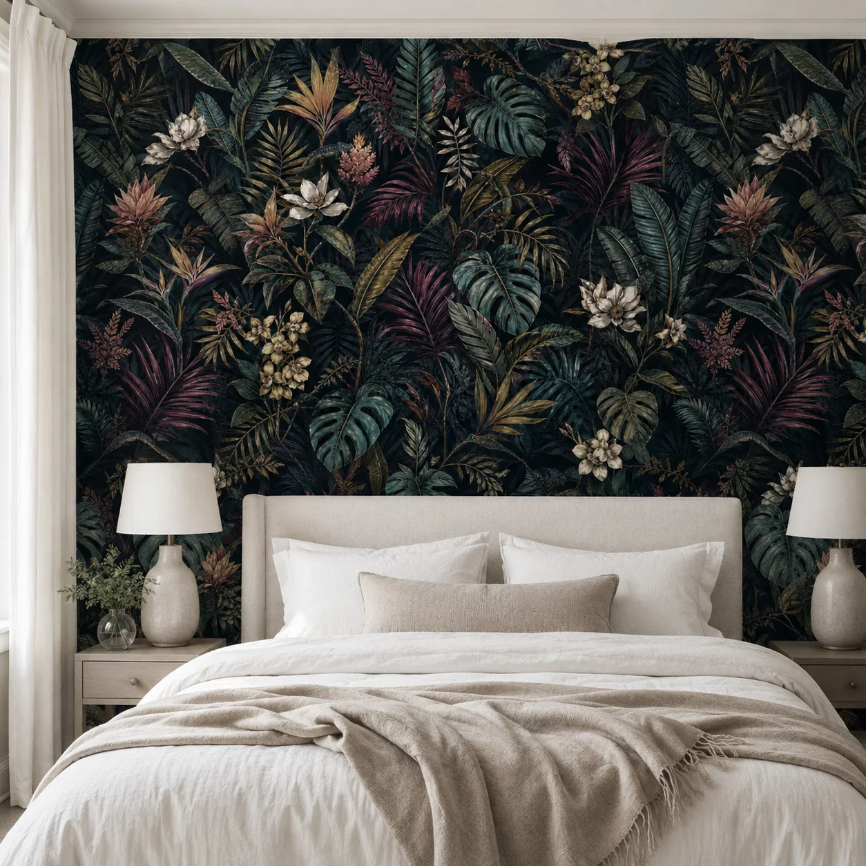 Dark Tropical Jungle Wallpaper Mural Botanical Leaves Floral Wall Art for Living Room Bedroom Non Self Adhesive Glue Required