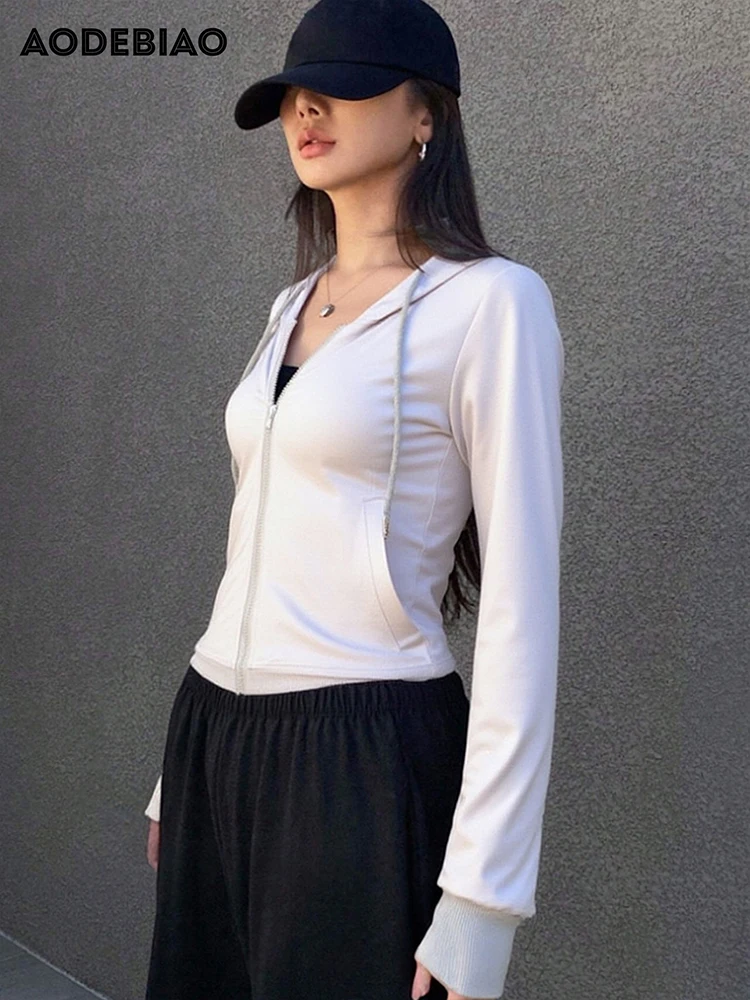AODEBIAO Women Hooded Hoodie Autumn Winter Long Sleeves Fashion Cardigan Solid Coat Top Casual Streetwear Drawstring New Hoodie