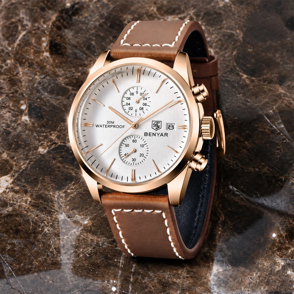 BENYAR luxury top brand multifunctional military watch sports leather waterproof quartzwatch date 42MM timing code Watch for Men