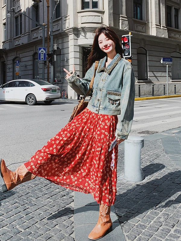 

Red Floral Print ter Dr Women's Spring Autumn 2025 New Vintage Youthful Denim Jaet Two Piece Set Long Skirt
