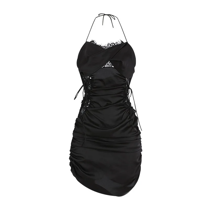 Damska letnia sukienka bez ramiączek drążą Mini sukienka seksowna koronkowa plisowana Backless Vestidos Club sukienek piżamy koszula nocna