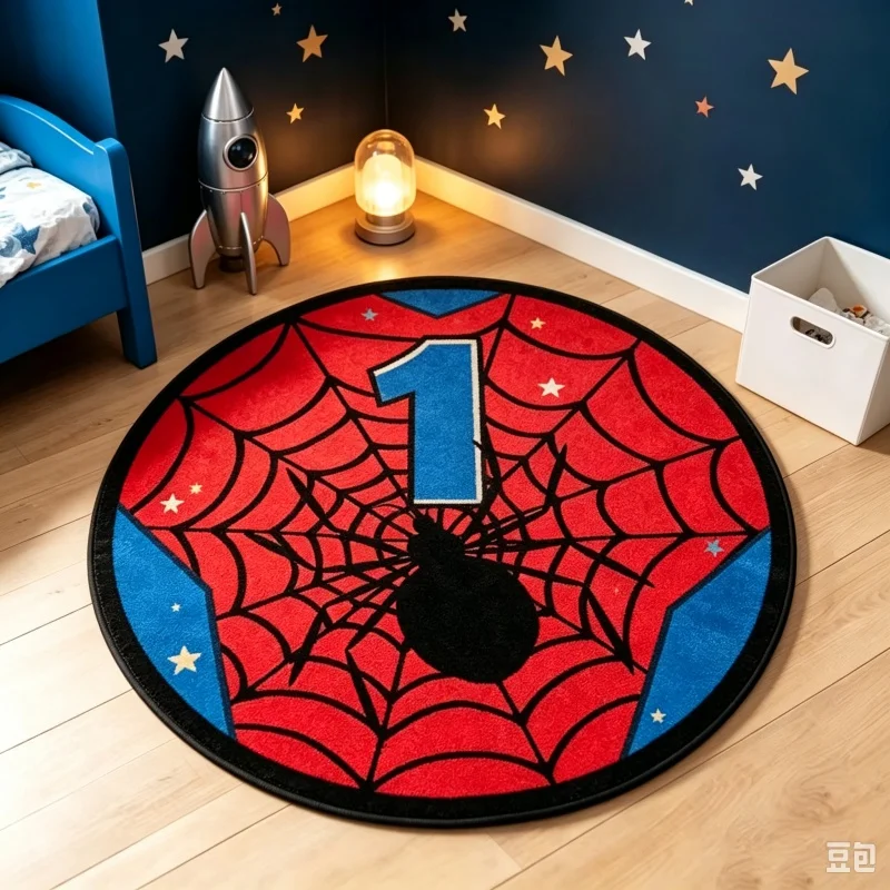 Spider Web Pattern Round Area Rug, Red Blue Black Spider Web Graphic Print,Decorative Floor Carpet for Living Room Indoor Decor