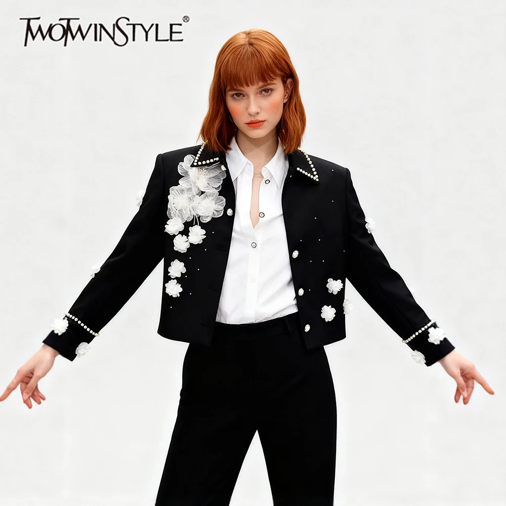 

TWOTWINSTYLE однотонные свободные повседневные куртки с 3D цветами для женщин, модная куртка с лацканами и длинными рукавами в стиле пэчворк из бисера, женская новинка