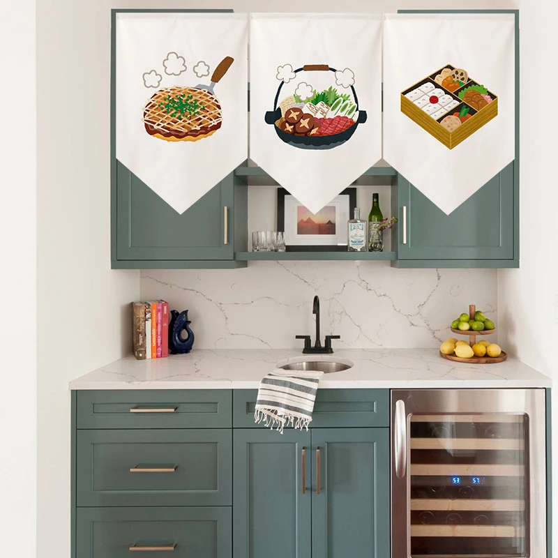 VIKAMA Ins Style Kitchen Door Curtain Japanese Sushi Cuisine Triangular Flag Curtain Covering Short Curtain No Punching Required