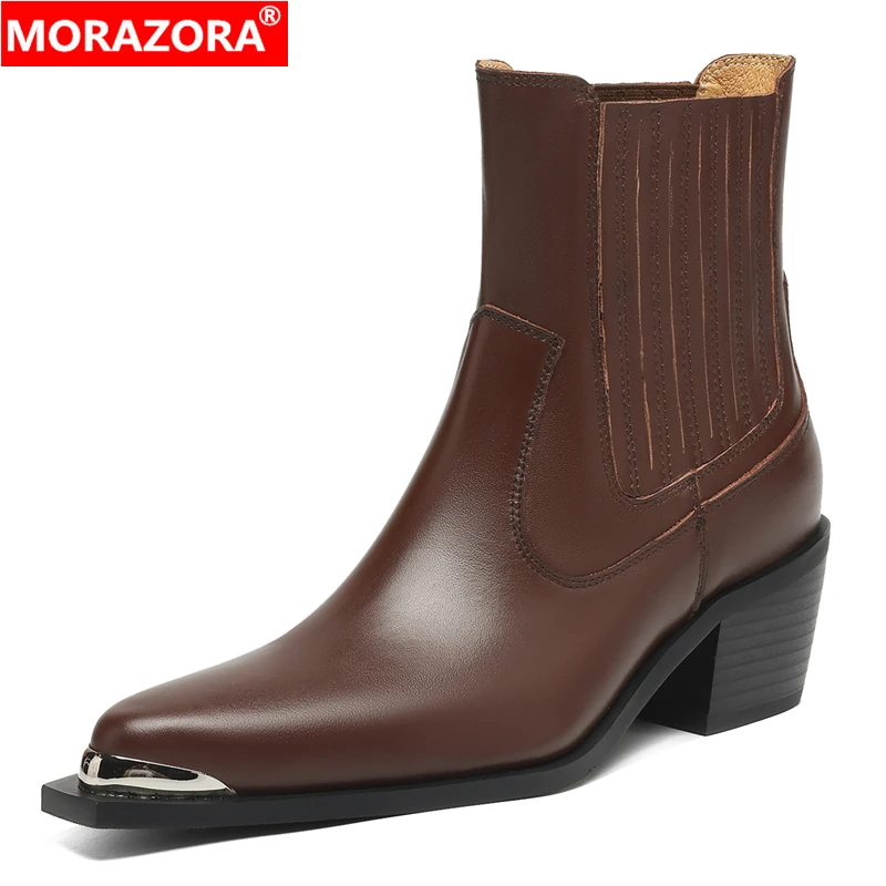 

MORAZORA INS Fashion New Nature Genuine Leather Western Boots Block Heels Stretch Slip On Ankle Boots Women Autumn Winter Shoes