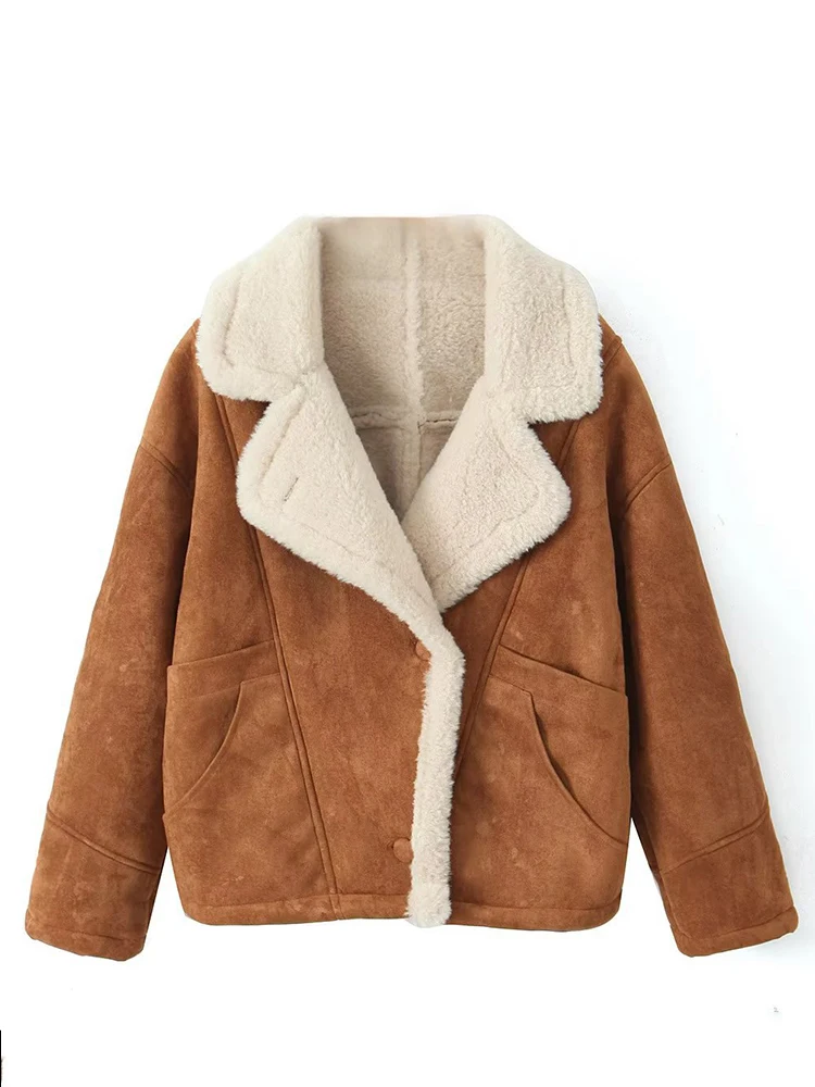 BZVW Fashion Vintage Lamb Wool Coat For Women Lapel Pockets Design Contrast Color Coats Casual 2024 Winter New Clothing 25A8925