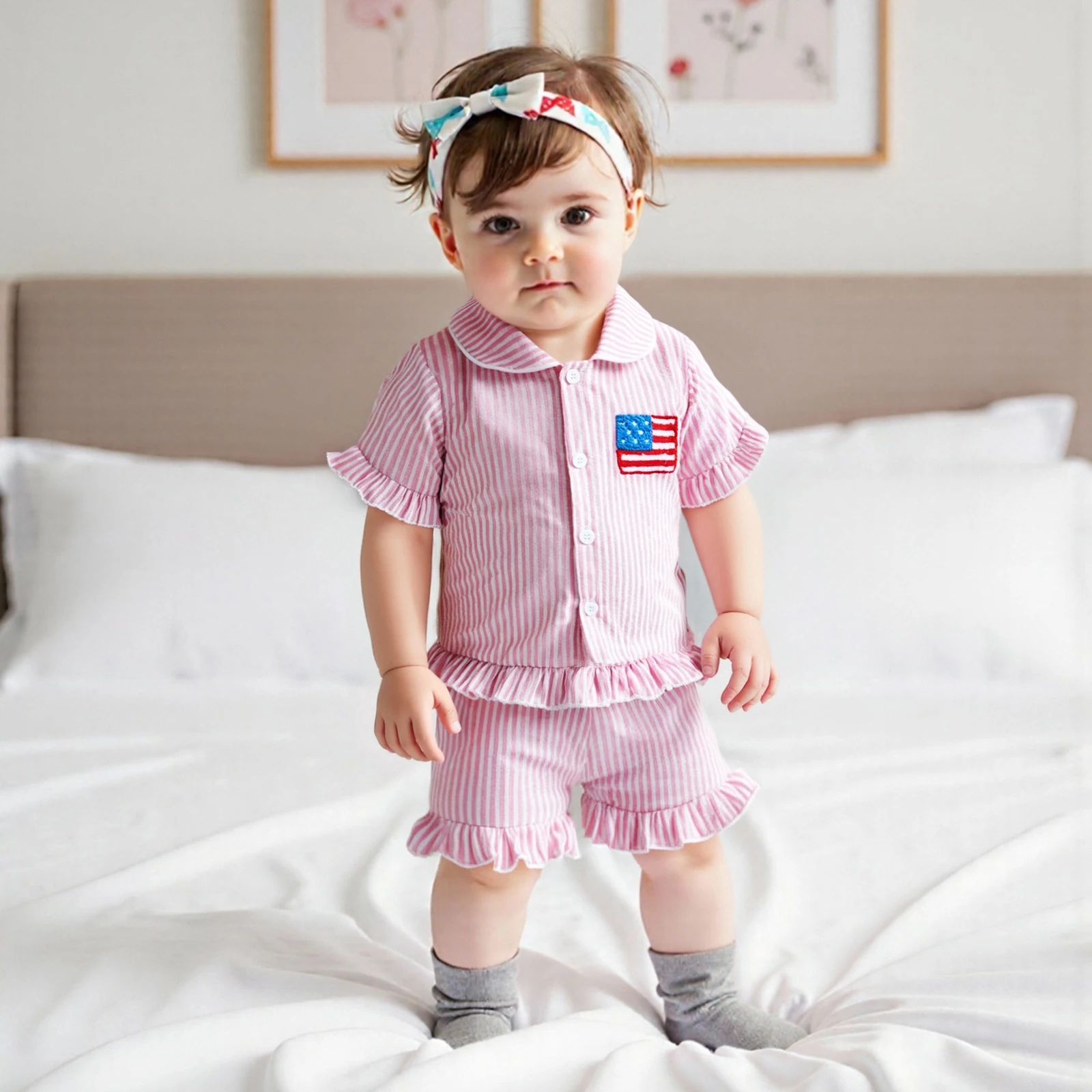 

Toddler Little Girl 4th of July Outfit Striped American Flag Short Sleeve Button-up Shirt Ruffle Shorts 2 Pcs Summer Set
