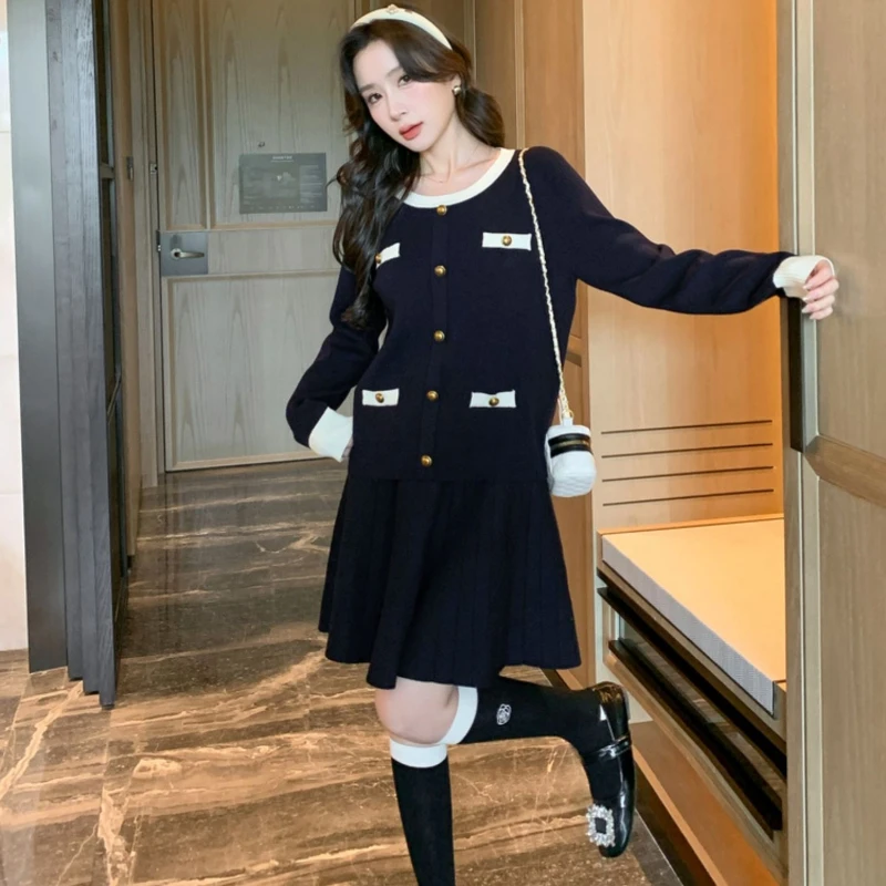 

Осенний свитер 2025 года, комплекты из 2 предметов, женские наряды, элегантные женские вязаные кардиганы с круглым вырезом и длинными рукавами + костюмы с юбкой с высокой талией