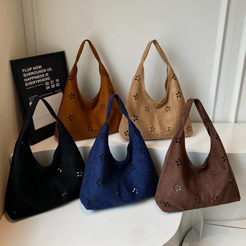

2025 New! Women's Stylish Hollow Out Faux Suede Bag - Casual Large-Capacity Commuter Shoulder/Underarm/Handbag