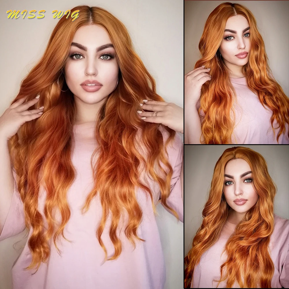 Long Golden Orange Wavy Synthetic Wigs Natural Curly Wig For Women Cosplay Daily Wear Heat Resistant Fiber