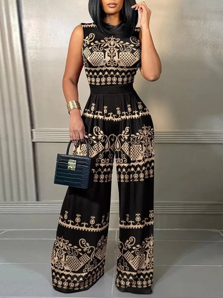 

Elegant Women Wide Leg Long Juumpsuit 2024 Spring Summer Fashion Printed Sleeveless Casual Holiday Bodysuits Jumpsuits Trousers