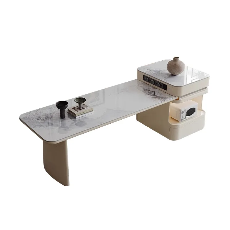 

Cream wind rock slab island table integrated retractable microwave oven storage locker modern simple table