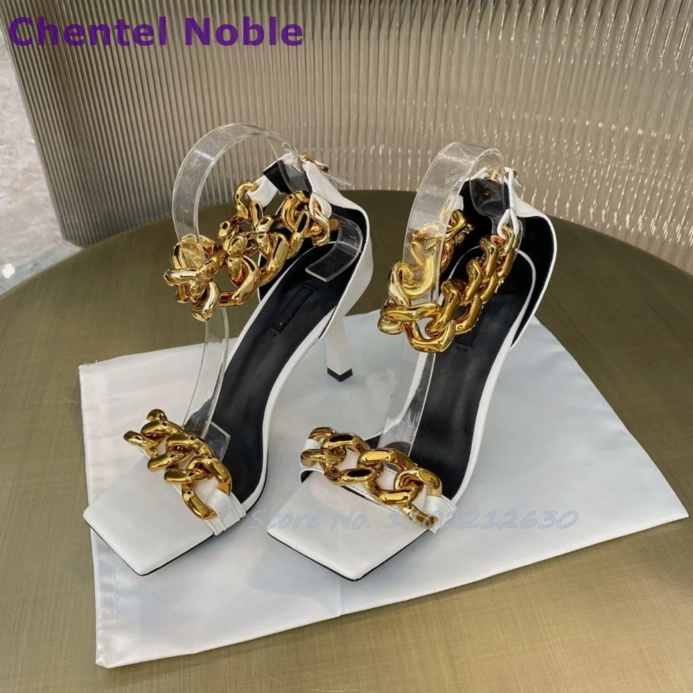 Mixed Colors Chain Sandals Open Toe Square Toe Thin High Heels Cover Heel Sandals Newest Fashion Sexy Luxury Women Shoes Summer