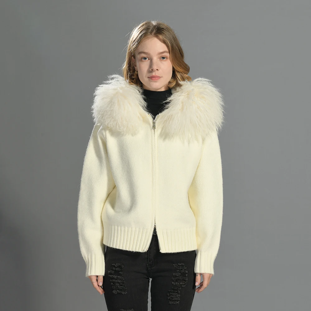 

Jaxmonoy Womens Hooded Sweater with Real Mongolian Sheep Fur Collar 2026 Spring Fall New Arrival Cardigan Casual Knitwear Female