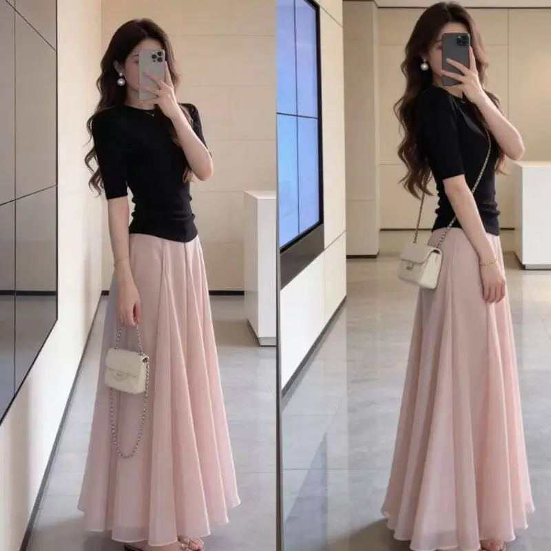 

Summer Fashionable Pure Color Slim Fit Women's Set Pink Long Draping Skirt Gentle Two-Piece Suit T-Shirt Workwear Student Uni...