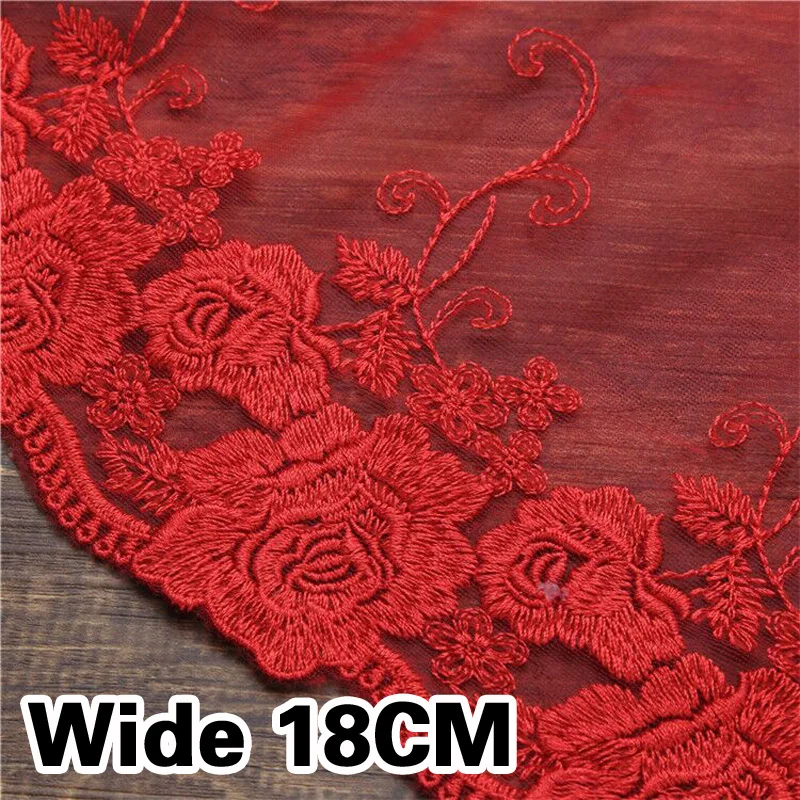 

18CM Wide Red Tulle Cotton Embroidered Flowers Fabric & Lace Applique Wedding Dress Collar Trim Head Veil DIY Sewing Accessories