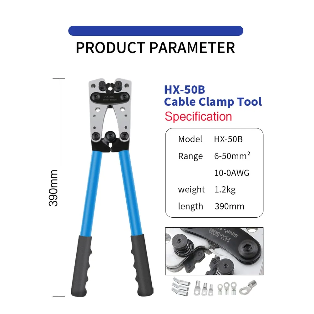 Portable Cable Manual Crimping Tool Crimping Pliers 6-50mm² / AWG 10-0 Ferrule Terminal Crimper Hexagonal Wiring Pliers