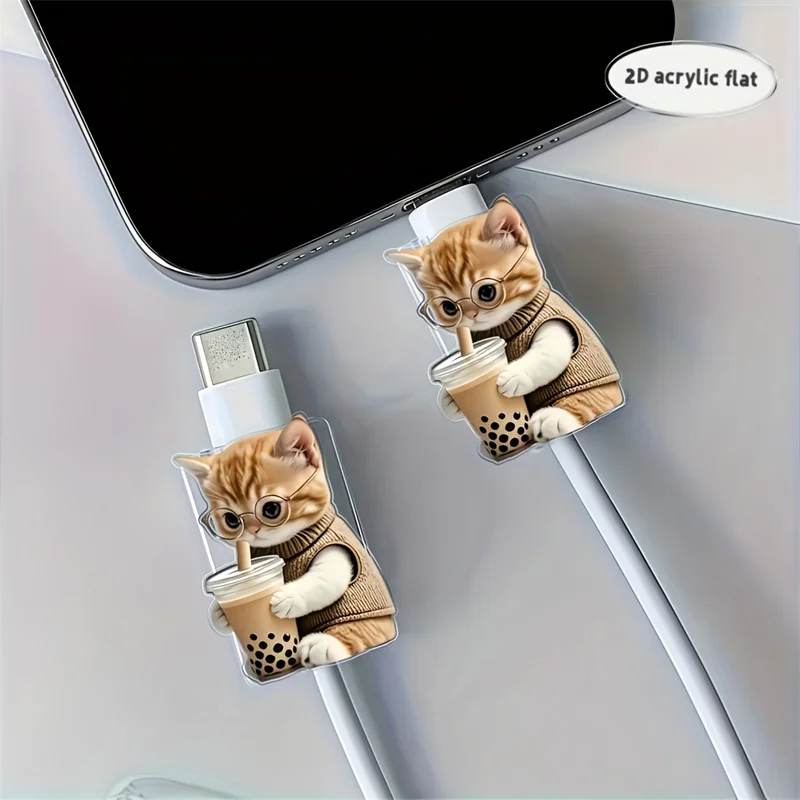 2D Flat 2pcs Cute Cat with Glasses Data Cable Protector Acrylic Flat Design Connector Cover For iPhone Type-C Phone Cable 4