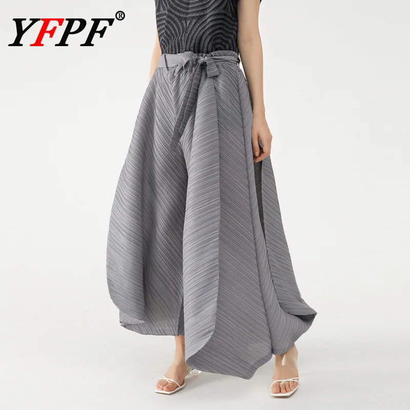 

YFPF Miyake плиссированные свободные длинные брюки женские с бандажным дизайном на талии однотонные широкие брюки мода 2025 новая одежда