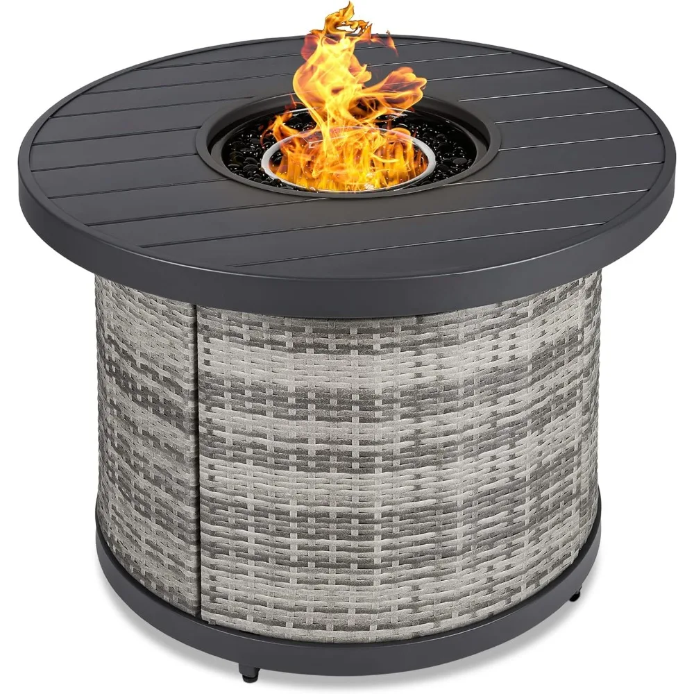 

32in Gas Fire Pit Table, Wicker Patio Propane Firepit W/Faux Wood Table Top, Glass Beads, Hideaway Tank Holder, Fire Pit Table