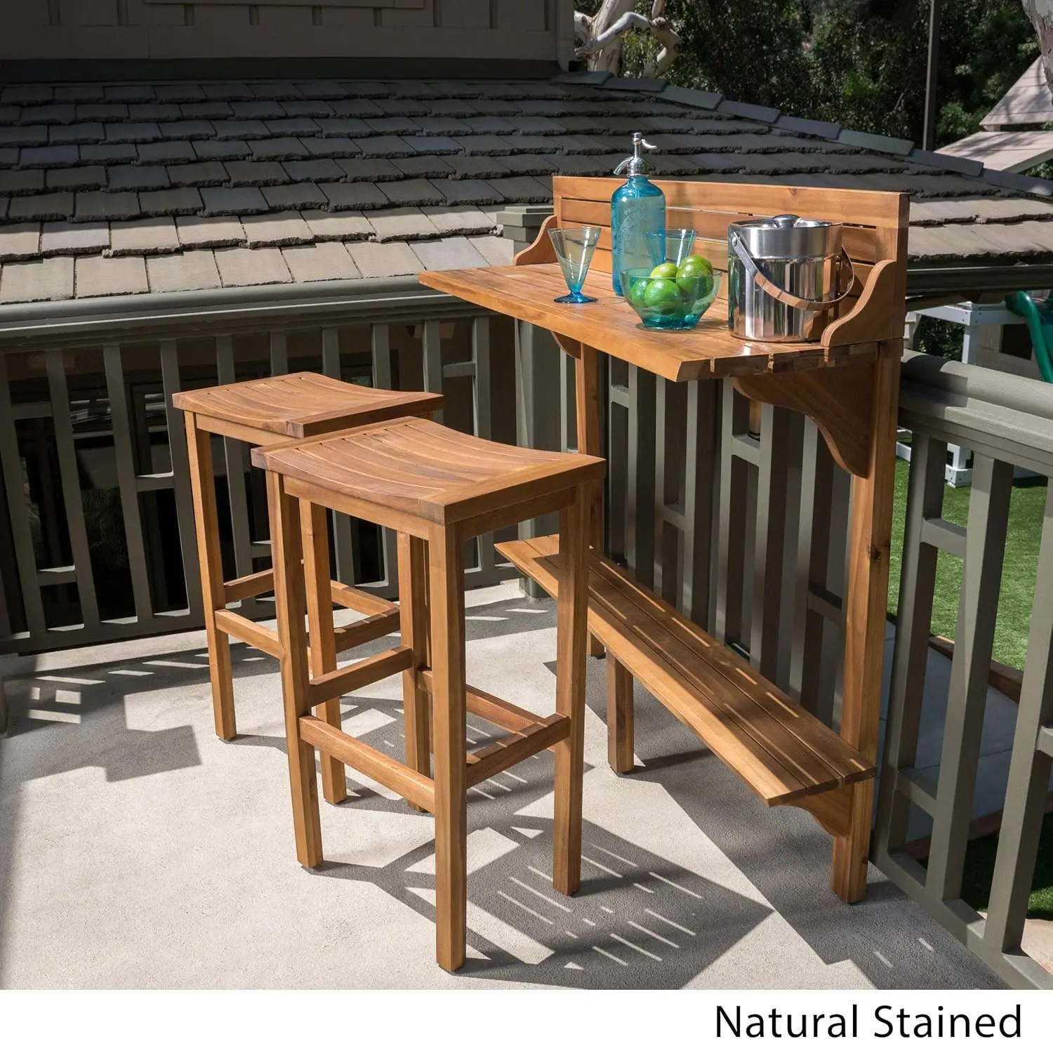 Caribbean Outdoor Acacia Wood Balcony Bar Set, 3-Pcs Set, Natural Stained Light Brown