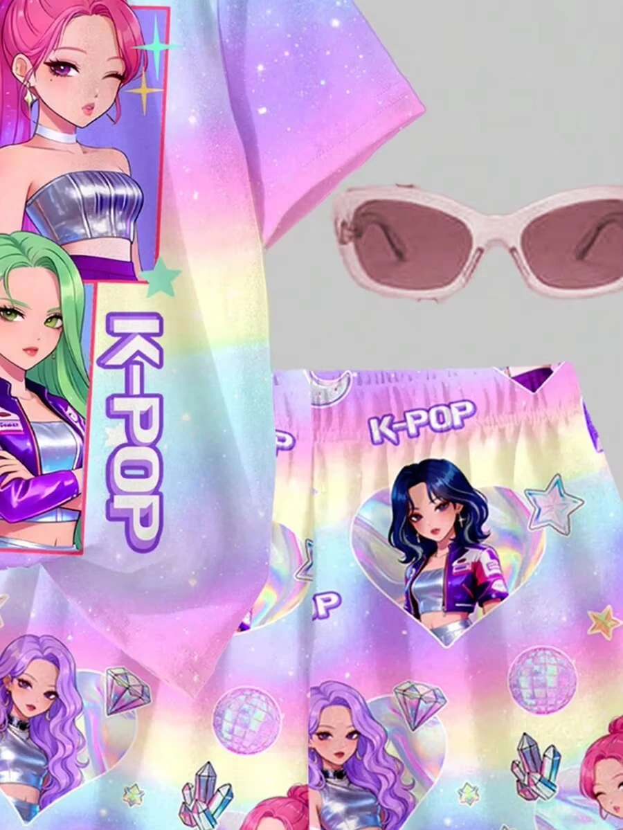 2026 Summer Girls 2Pcs Outfit, Rainbow Gradient Starry Sky K-POP Cartoon Print T-shirt & All Over Print Shorts Set