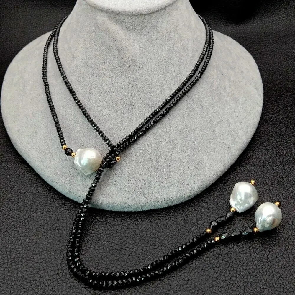 

Длинное ожерелье с натуральным граненым черным шпинелем и белым жемчугом Кеши 51 дюйм