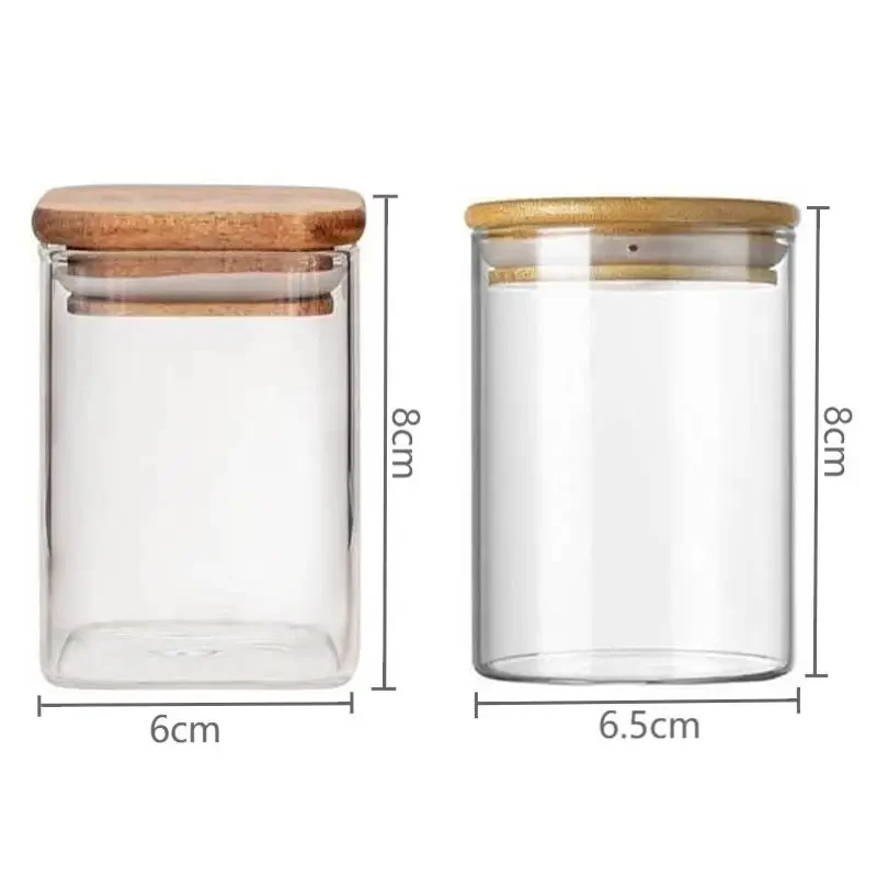 12Pcs Square/Round Glass Jar With Bamboo Cover Clear Sealed Jars Storage Bottle For Seasoning Cereals Candy Kitchen Supplies