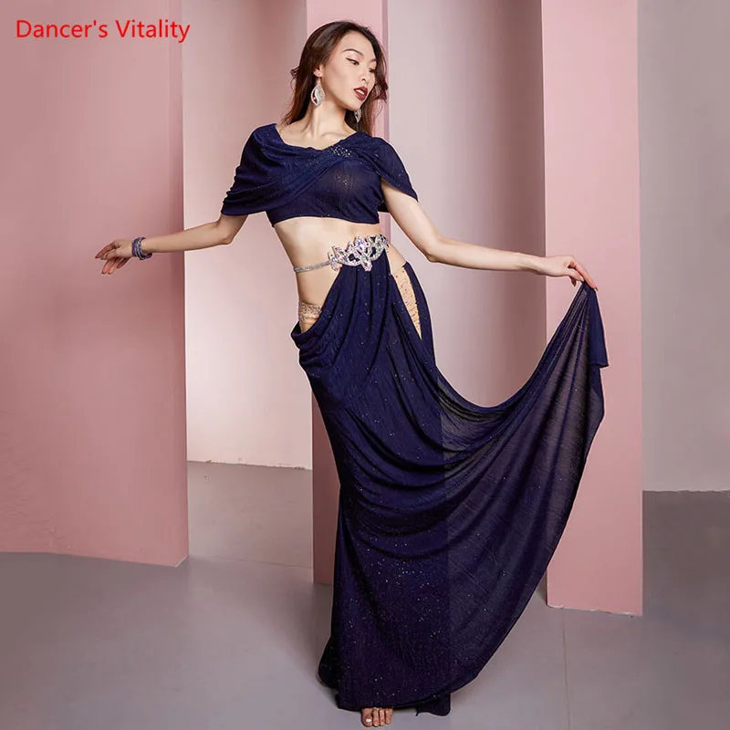 Belly Dance Suit Sequins Short Sleeve Top Split Long Skir Practice Clothes Set Female Adult Elegant Shirt Performance Clothing