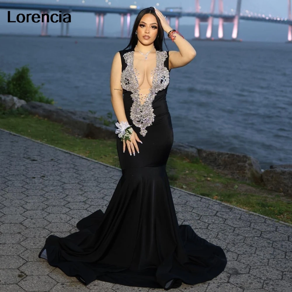 

Lorencia Black Velvet Mermaid Prom Dress For Black Girls 2024 Silver Crystal Beaded Formal Party Gala Gown Robe De Soiree YPD130