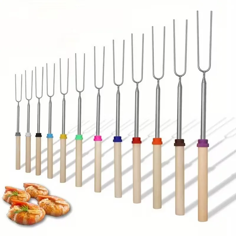 Outdoor Telescoping BBQ Fork Stainless Steel with Wooden Handle U-Shaped Hot Dog Skewer for Grilling Bonfire BBQ Use
