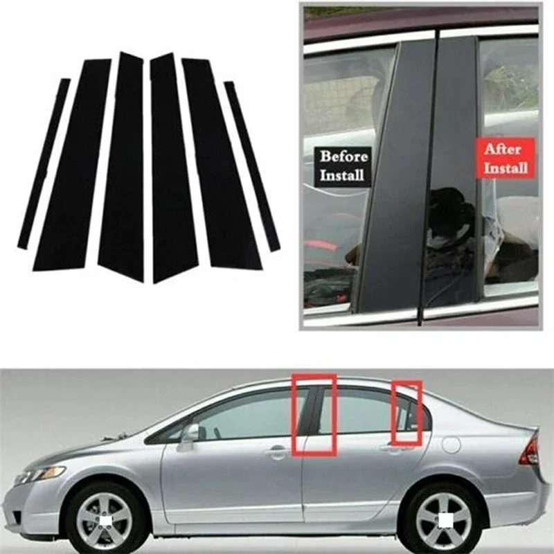 6Pcs For Honda Civic Sedan 2006 2007 2008-2011 Glossy Black Car Pillar Post Door Window Column BC Trim Sticker Cover Decorative