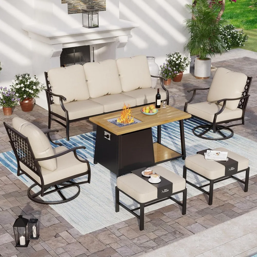 

Patio Furniture Set with Firepit Table, Metal Outdoor Patio Furniture, 2 Swivel Chairs, 3 Seater Sofa, 2 Ottomans