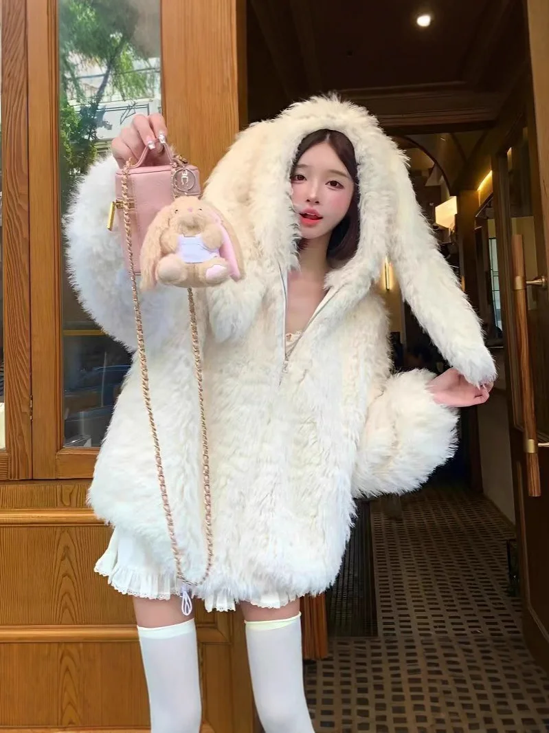

Adorable Fun White Rabbit Ear Hoodie Sweatshirt Women Charm Spring Autumn Punk Hoodies Tops Females Outwear Clothes Zip Up Pink