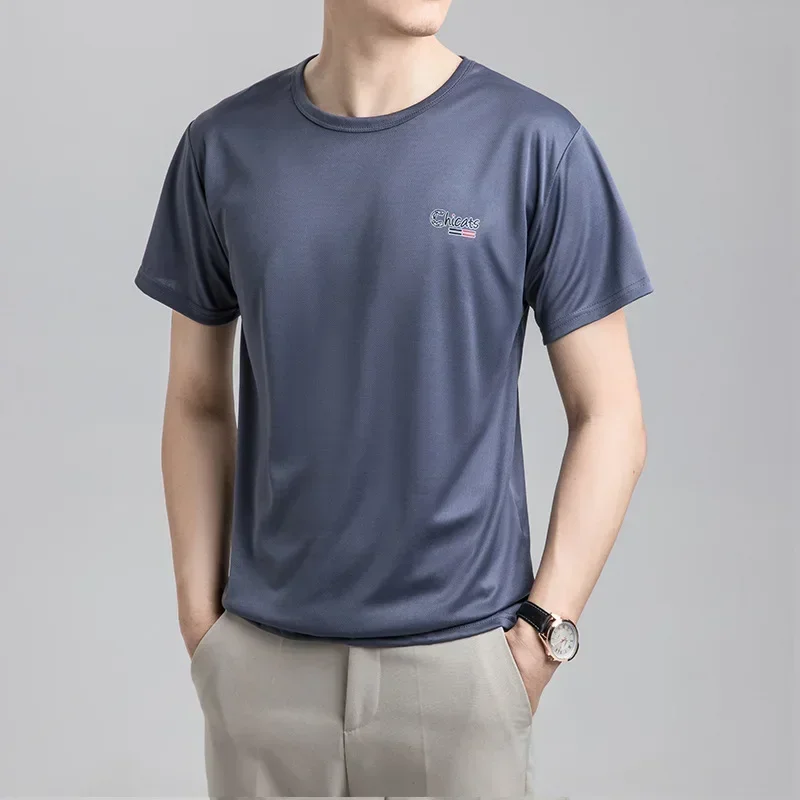 Summer Men's Ice Silk T-shirt Short Sleeved Mesh Quick Drying Breathable Thin White Casual Sports Youth Round Neck Men's