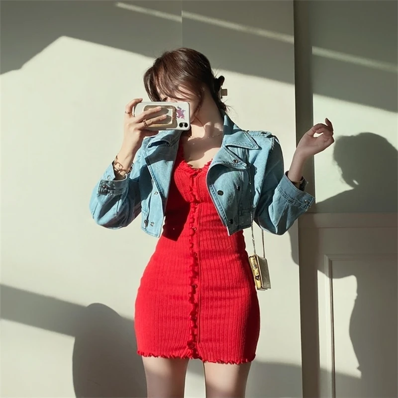 2024 Summer Hot Sexy Dress Red Ins Korean Fashion Mini Ruffles Casual Dresses All-Match V-Neck Knitted Vestidos Mujer Party 원피스