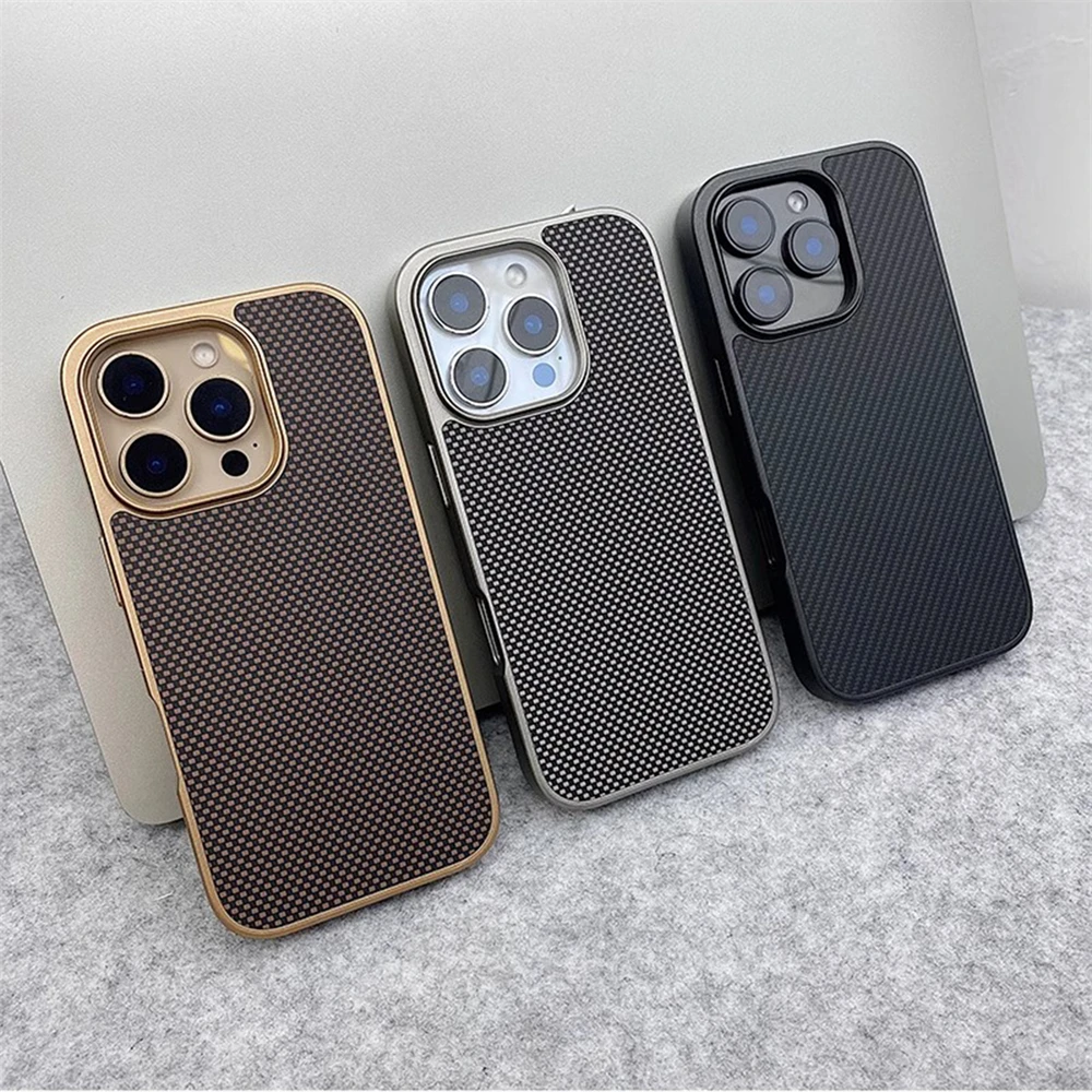 Luxury Business Carbon Fibre Pattern Matte Case For iPhone 17 16 Pro Max 15 14 13 12 Plating Soft Edge Frame Shockproof Cover