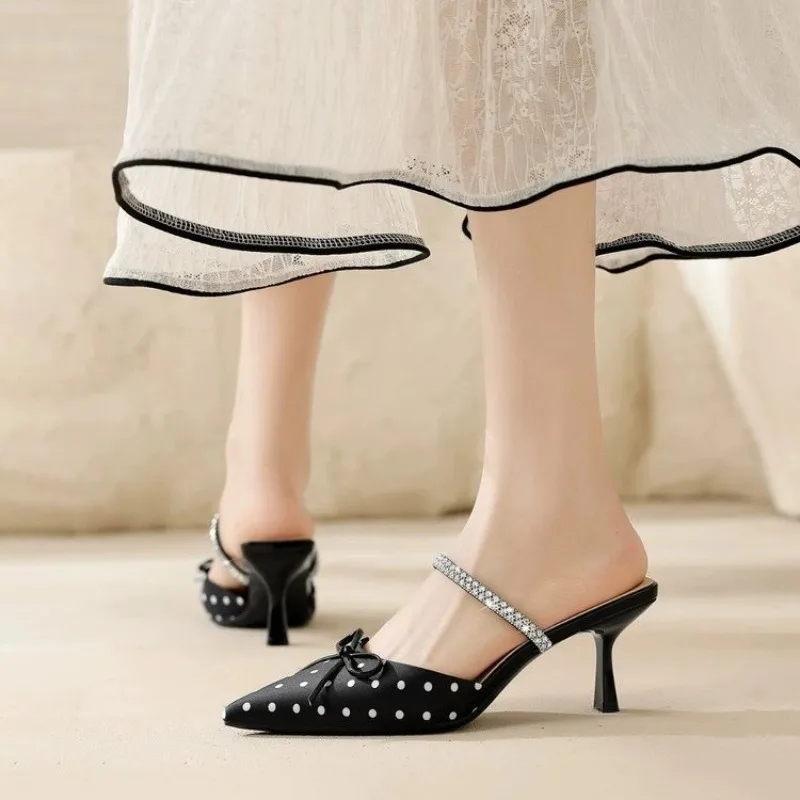 

2026 New Fashionable High Heels Half Slippers Luxury Diamond Straight Heels Pointed Women's Sandals Bow Women's Shoes