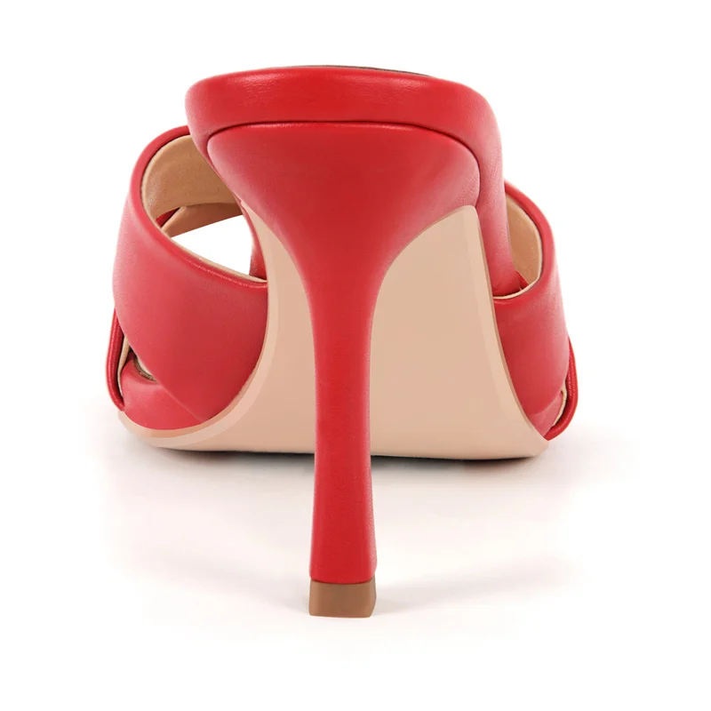Onlymaker Women Red Square Toe Mules 9.5CM Thin Heel Open Toe Big Size Stiletto Sandals
