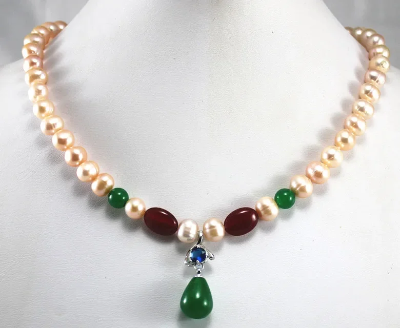 

wholesale/retail 8mm pink pearl & red necklace+green Jade crystal pendant