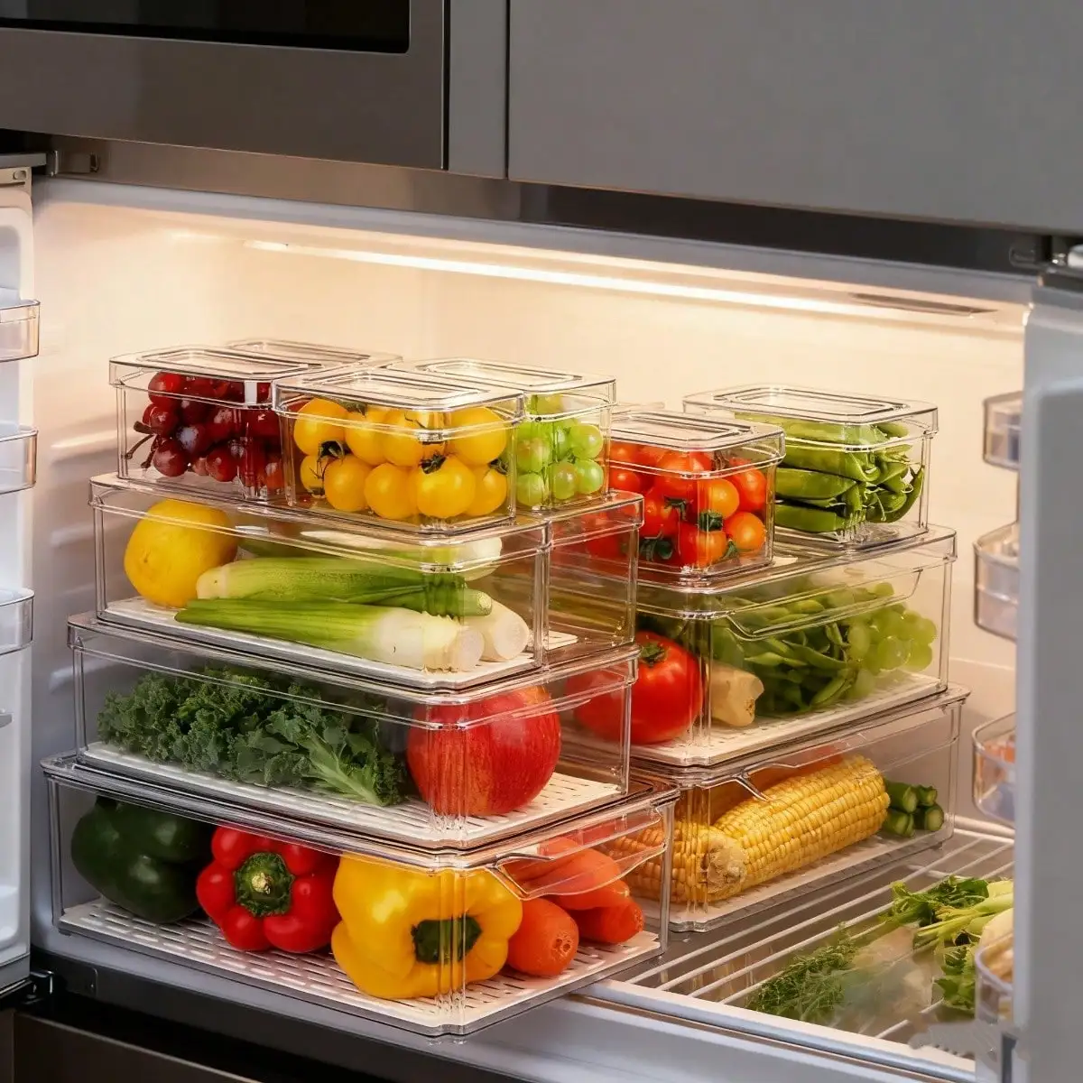 7 Pack Stackable Refrigerator Organizer Bins Modern Clear Plastic Fridge Storage Containers Set With Lids Removable Drain Tray For Fruit Produce Vegetables Kitchen Freezer Pantry Countertop Housewarming Gift
