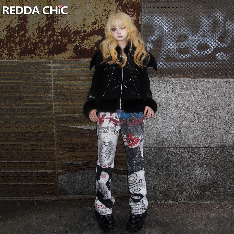

REDDACHiC аниме граффити широкие джинсы Street Grunge Remake прямые джинсовые брюки с высокой талией разбрызгивания краски Gyaru Y2k Bottoms