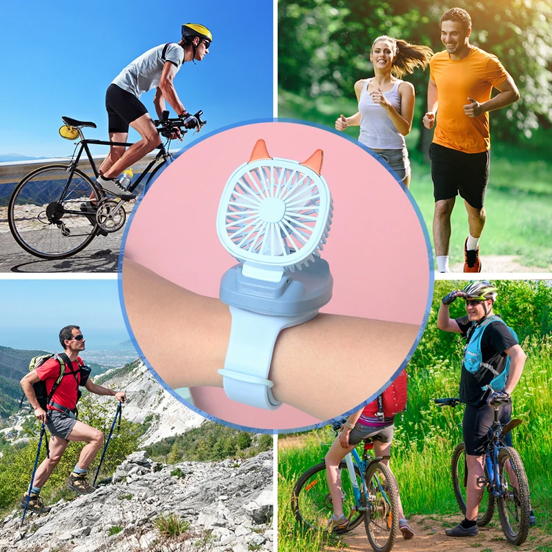 Cartton Cat Design Portable Wrist Strap Mini Watch Hand Held Fan USB Charging Small Rechargeable Fans With Colorful LED Lights