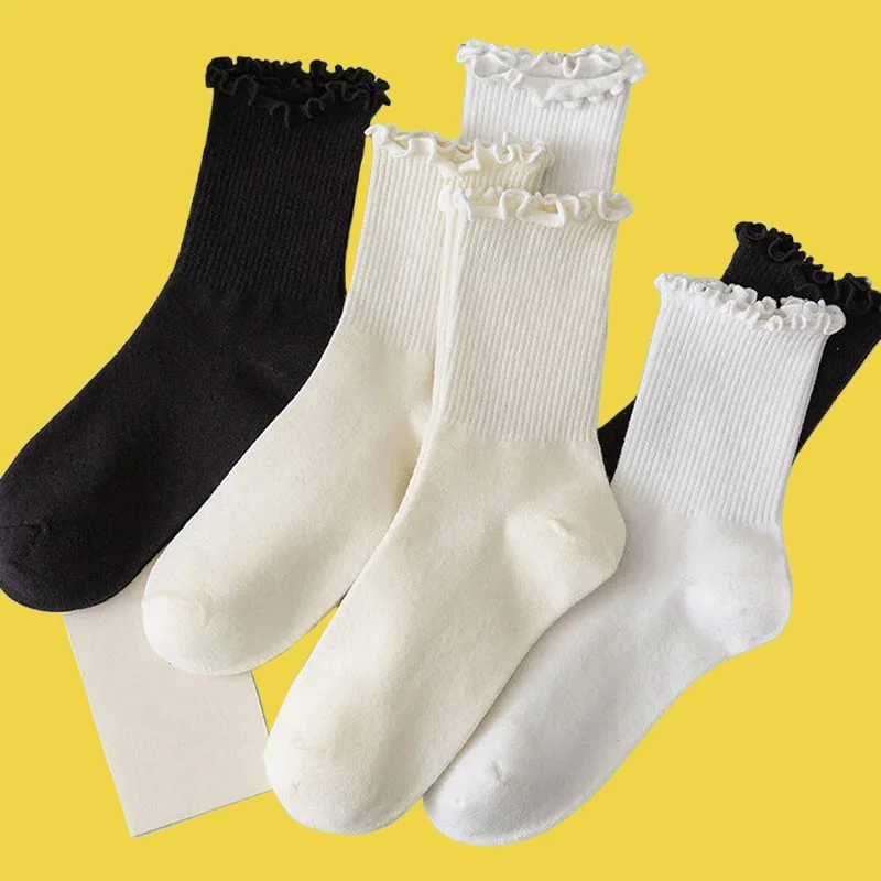 

5/10 Pairs Black White Novelty Funny Ankle Socks Cute Solid Cotton Breathable Crew Socks High Quality Women Ruffle Frilly Socks