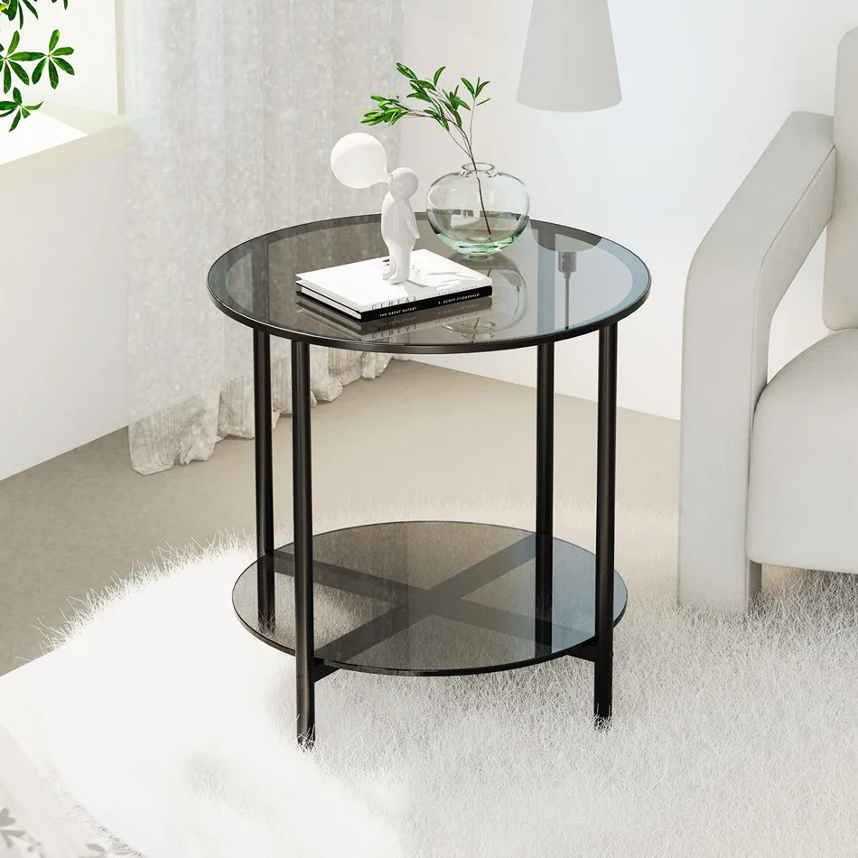 LUVODI Round Tempered Glass Coffee Table Living Room Sofa End Table with 2-tier Storage for Home, Office