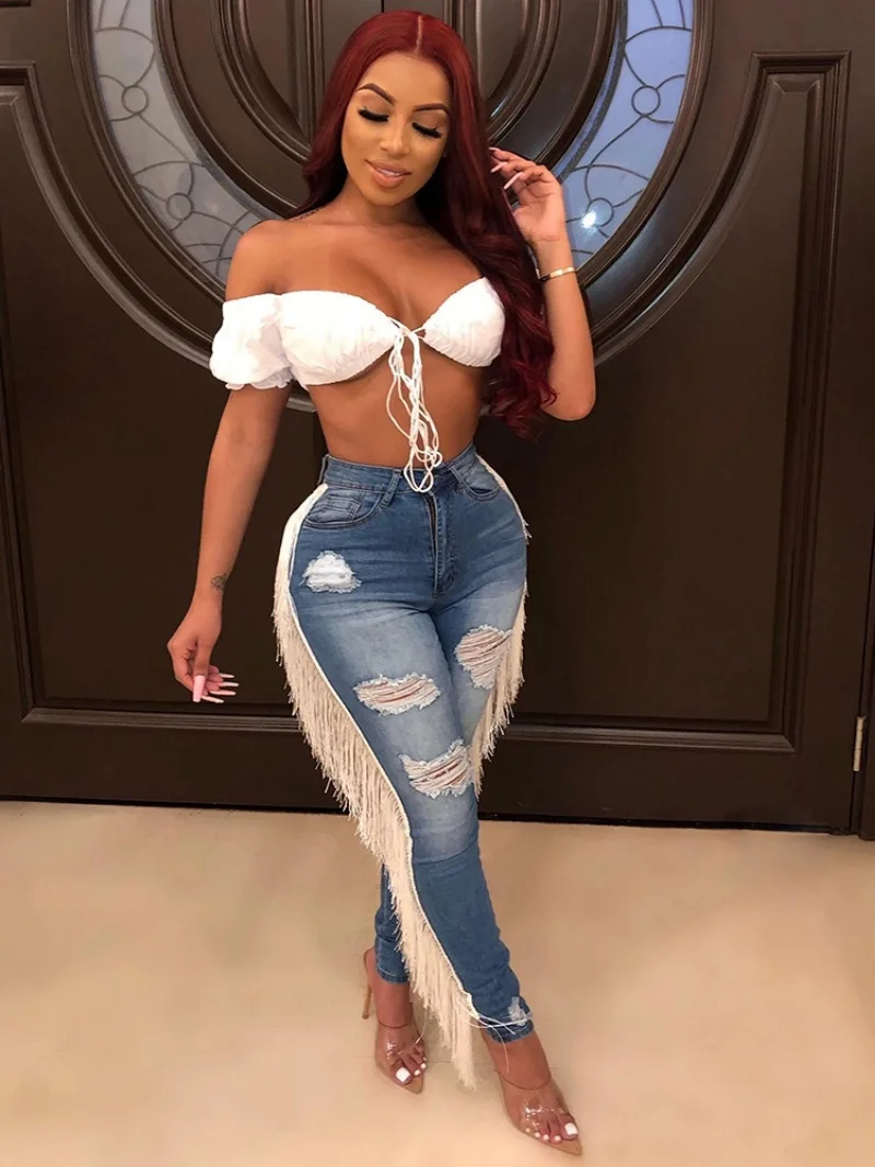 

Уличная одежда, рваные джинсовые узкие брюки с кисточками, осенняя одежда, женские джинсовые брюки с высокой талией и дырками, женские модные камуфляжные джинсы