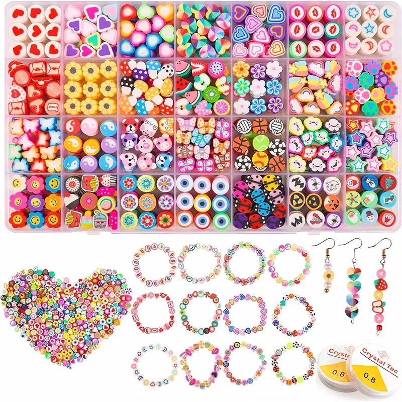 

Polymer Clay Beads Kit 24 Styles Cute Fun Clay Beads Flower Butterfly Heart Letter Pony Beads for Bracelet Necklace Making DIY